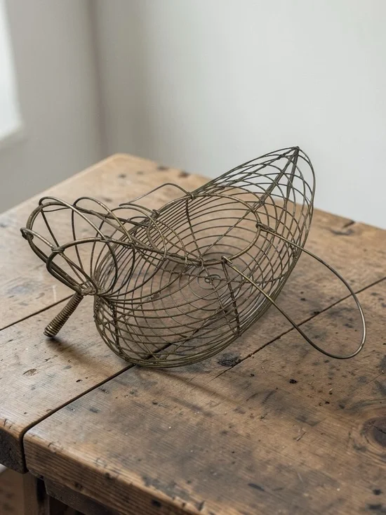 Vintage Primitive Wire Chicken Hen Shaped Egg Basket W/ Handles Farmhouse Decor - Picture 3 of 10